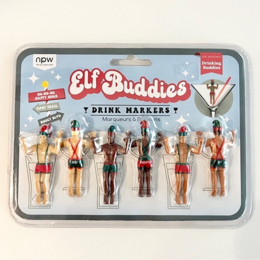 NWT 6-Pack Elf Buddies Holiday Drink Markers - Festive Glass Clings